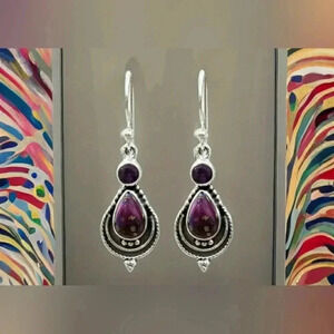 Bohemian Gypsy Festival Purple Multicolored Silver Hook Stone Earrings